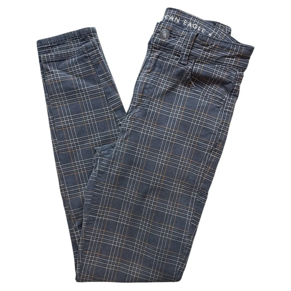 American Eagle Super Hi-Rise Plaid Jeggings Gray/Orange Size 00 Super Stretch